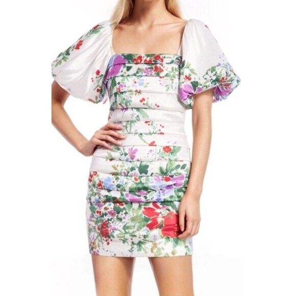 Jewel Badgley Mischka Sz 6 Dress Floral Puff Sleeve Mini Coquette Boho Cocktail - Picture 1 of 10